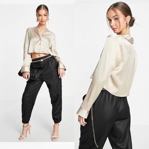New! ASOS Flounce London Cropped Long Sleeve Satin Blouse